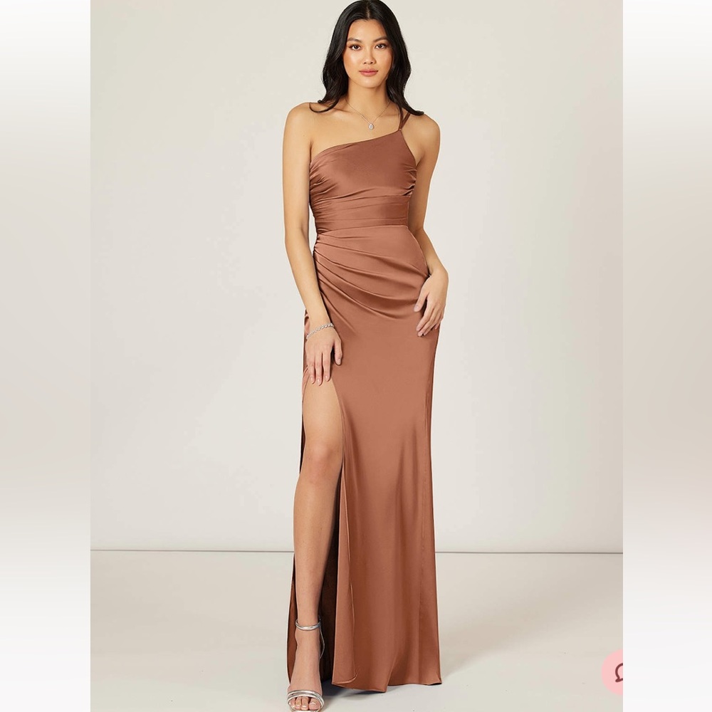 AZAZIE EREN Mermaid One Shoulder Stretch Satin Floor-Length Dress Bronzer